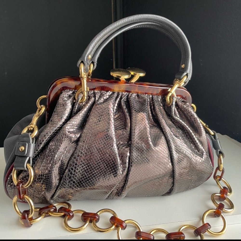 Vintage Marc Jacobs Leather & Snake Skin Python Stam Kiss lock Bag Silver Italy - Picture 2 of 16
